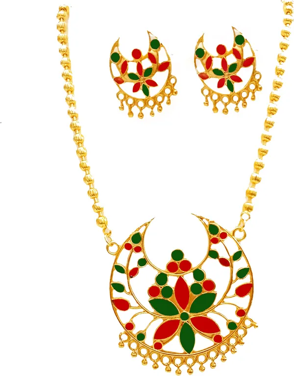 Assamese_Traditional_Gold_Plated_Red_Green_Colour_Joonbiri_Chain_Jewellery_Set_For_Women